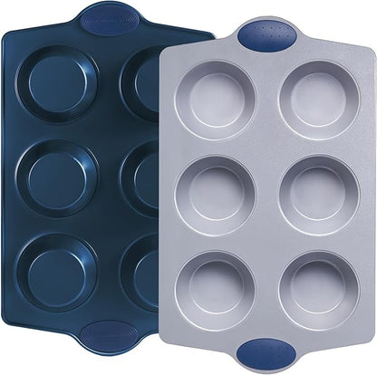BRONYPRO 2-Pack Jumbo Ceramic Muffin Pans, 6-Cup Nonstick Aluminized Steel Cupcake Pans, Healthy Non-Toxic Ceramic Coating Muffin tin, Oven Safe to 500°F, Blue