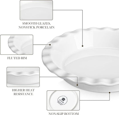 MALACASA Ceramic Pie Pan, Pie Pan for Baking 9 Inch, 40 OZ Pie Plate Round Pie Dish for Baking Fluted Pie Dish Baking Pan, Non Stick Deep Pie Dishes for Quiche, Apple Pies, Pot Pies, Tart, etc.