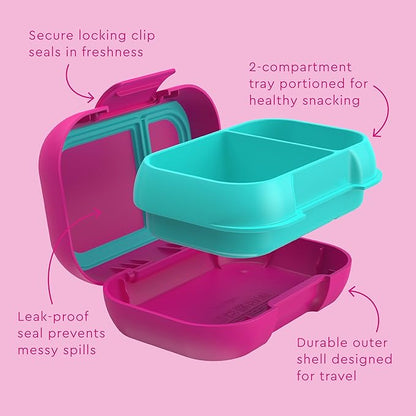 Bentgo Kids Snack - 2 Compartment Leak-Proof Bento Box Container for Snacks and Small Meals, Easy-Open Latch, Dishwasher Safe, BPA-Free for School, Daycare, & Sports - Ideal for Ages 3+ (Fuchsia/Teal)
