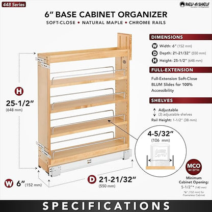 Rev-A-Shelf 5.5" Pullout Storage Organizer for Base Kitchen/Bathroom Cabinets with Soft-Close Full Extension Slides & Adjustable Shelves, 448-BCSC-5C