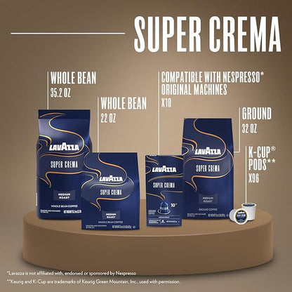 Lavazza Super Crema Whole Bean Coffee, Medium Espresso Roast, Arabica and Robusta Blend, 2.2 lb Bag (Pack of 2)