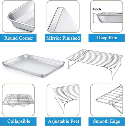 P&P CHEF 16 Inch Stainless Steel Baking Sheet with Rack Set (2 Pans+ 2 Racks), Cookie Sheets Baking Trays and Cooling Wire Racks, Oven & Dishwasher Safe, Pans with Stackable Racks
