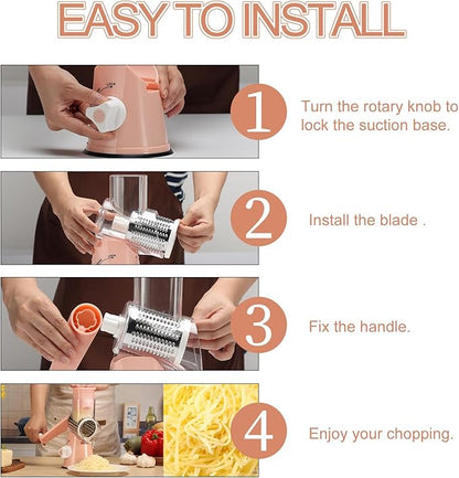 Ourokhome Rotary Cheese Grater Hand Crank, Kitchen Shredder Speed Mandolin Slicer Nuts Grinder with Handle and Drum Blades for Cheese, Vegetable, Walnuts, Chocolate, Potato, Carrot, 3 Blades, Pink