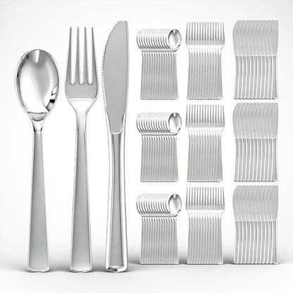 EI 360pcs Silver Plastic Silverware,Plastic Spoons and Forks,Plastic Silverware Heavy Duty,Disposable Plastic Cutlery include 120pcs Plastic Forks,120pcs Plastic Spoons and 120pcs Plastic Knives
