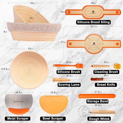 9-Inch Round & 10-Oval Bread Banneton Proofing Basket - Set of 2, Sourdough Baking Supplies with Bread Knife & Silicone Sling