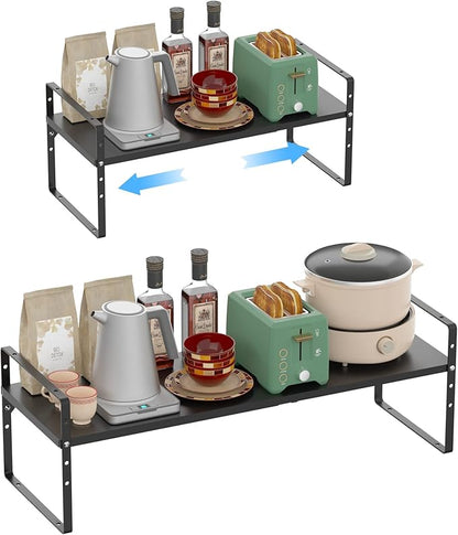iPEGTOP Expandable Cabinet Storage Shelf Organizer Rack, Heavy Duty Steel Metal Spice Rack Adjustable Height Home Office Garage Pantry Shelf Space Riser for Counter Kitchen Organization, Black, 3 Pack