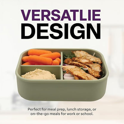 Silicone Bento Box, 3 Compartments, BPA-Free, Leak-Resistant, Dishwasher and Microwave Safe, Perfect for Work, Travel & Meal Prep, (Green)
