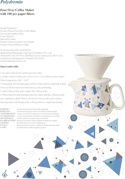Pour Over Coffee Maker, Ceramic Coffee dripper with 100 pcs V60 Paper Filter, Ceramic coffee Server with Lid, 15.5oz/450 ml, Suitable for 1-2 people (White A)