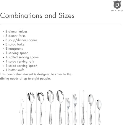 Hammered Silverware Set with Serving Utensils, 18/10 Stainless Steel Flatware for 8, Dishwasher Safe, Mirror Finish, Heavy-Duty, Built to Last (45-Piece Including a Serving Set, Fidenza Hammered)