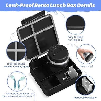 Kids Bento Lunch Box with Thermos, Leakproof Toddler Bento Box with 9 OZ Insulated Food Jar, Lunch Bag & Utensils 3 or 4 Compartment Container for School Girls Boys
