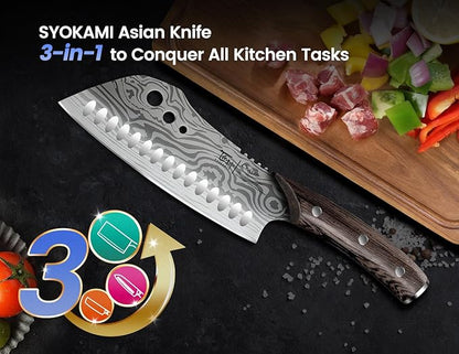 Cleaver Chef Knife with Herb Stripper, 7" Asian Kitchen Knife 3-in-1 Combined with Chef's Knife, Santoku, Nakiri for Slicing, Chopping, Dicing, Mincing, Housewarming Birthday Cooking Gifts