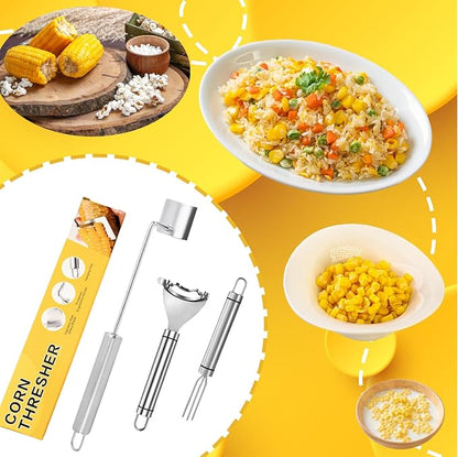 Corn Peeler Stainless Steel Corn Stripper Tool Set, 3 Pieces Peel Corn Cob Separator Quick for Kitchen Dining Enthusiasts Gadget