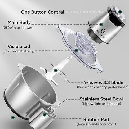 LINKChef Food Chopper, 5 Cup Food Processor Mini Electric, 1.2L 250W Meat Grinder with 4 Bi-Level Blades, Stainless Steel Mincer for Kitchen, Vegetable, Onion, Garlic, Salad, Baby Food, Fruit, Nuts