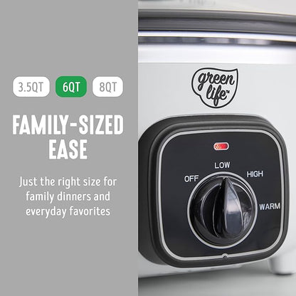 GreenLife 3.5QT Slow Cooker, Non-Toxic PFAS-Free Ceramic Nonstick Removable Interior Bowl, Programmable, Keep Warm, Stovetop & Oven Safe, Dishwasher Safe Parts, Glass Lid, White
