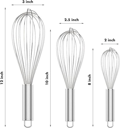 304 Stainless Steel Whisk Set, Dishwasher Safe Rustproof Metal Whisk, Professional Balloon Wire Whisks for Kitchen Cooking, Perfect For Blending, Whisking, Baking, Beating, 3 Packs (8" 10" 12")