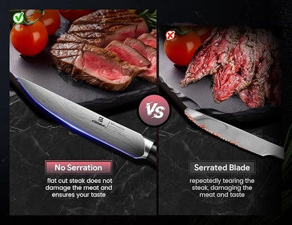Steak Knives Set of 4, 4.5 Inch Non Serrated Dinner Knife, Forged German Steel Damascus Pattern Straight Edge Meat Knife with Full Tang Handle, Dishwasher Safe, Ideal for Gift