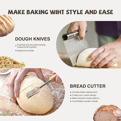 Sourdough Starter Kit, 26PCS Sourdough Bread Baking Supplies, Including a Sourdough Starter Jar (34OZ), Silicone Banneton Bread Proofing Basket Set of 2 (Silver cover, Large glass mouth)