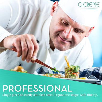 O'Creme Gold Stainless Steel Precision Kitchen Culinary Fine-Tip Tweezer Tongs, 1 Curved and 1 Straight