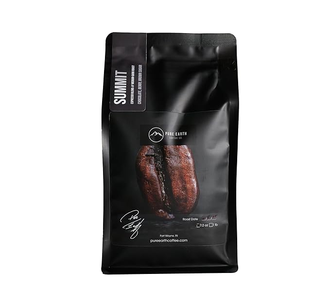 PURE EARTH COFFEE CO. Whole Bean Coffee, Summit Signature Blend, Medium Espresso Roast, Dark Chocolate, Berry, Creamy Brown Sugar 12oz