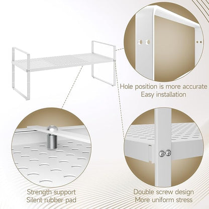 Hole Pattern Expandable Shelf Organizer,1Pack 10.2" Wide Easy to Assemble Cabinet Organizer Shelf, 16.5~27.1" Adjustable Height&Stackable Spice Organization for Cupboard, White