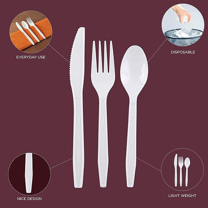 Party Bargains White Plastic Cutlery 360 pcs: 180 Forks, 120 Spoons, 60 Knives. Argyle Design, Heavy Duty & Solid Disposable Silverware Utensils Combo Pack Set for Weddings, Buffets, Luncheons