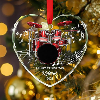 Personalized Drum Musical Instrument Glass Ornament, Customized Year Text Name Christmas Ornaments Gift for Drummer Husband Wife Dad Mom Kids, Unique Drum Set Glass Christmas Ornament for Birthday