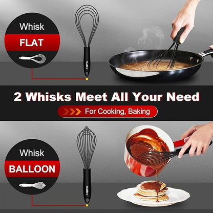 Walfos Whisk Silicone Whisks set, Non Scatch Coated Whisks for Cooking and Baking, Heavy Duty Set of 4 Kitchen Whisk - 11'' Flat Wisk and 7''+10''+12'' Balloon.