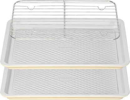 Nonstick Ceramic Baking Sheet with Rack, 2-Pack 13x9 Quarter Sheet Pan, Non-Toxic, PTFE & PFOA Free, Warp-Free, Oven Safe 550°F, Dishwasher Safe, Aluminized Steel, Gray Yellow