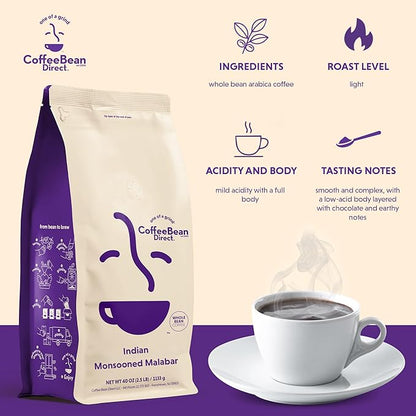 Coffee Bean Direct Indian Monsooned Malabar, Whole Bean Coffee, Light Roast, 2.5 Pound Bag (Pack of 1)