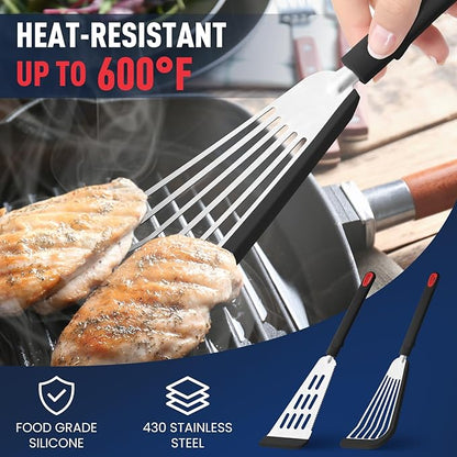 Silicone Fish Spatula Turner Set of 2,2-in-1 Heat Resistant Silicone Slotted Fish Spatulas for Nonstick Cookware,Flexible Thin Stainless Steel Slotted Fish Turner Spatula Flipper for Fish,Egg,Pancake