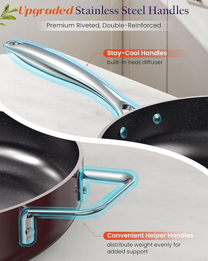 Nuwave Essential Series 5PC Ceramic Cookware Set PFAS-Free, G11 Duralon Blue Coating, Pots and Pans Set Non Stick, Diamond Scratch-Resistant,Stay-Cool Handle, Metal Lid,Induction Ready,Dishwasher Safe