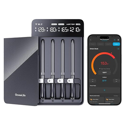 GoveeLife Bluetooth Wireless Meat Thermometer with 4 Probes, WiFi Unlimited Range, ±1.8℉ Accuracy, IP68 Waterproof Real Time Monitoring Digital Food Thermometer for Kitchen, BBQ, Grill, Oven, Smoker