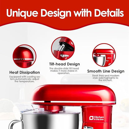 Kitchen in the box Stand Mixer - 8.5 Quart Giant Capacity Mixing Bowl, 900 Watt Powerful Heavy Bread Dough Standing Mixers Tilt-head with Dough Hook, Whisk, Flat Beater and Splash Guard (Red)
