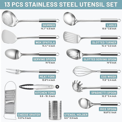 Pleafind Stainless Steel Cooking Utensils Set, 13 Pcs Heat Resistant Kitchen Utensils Set, Nonstick Kitchen Tools Set With Utensil Holder, Metal Spatula Set for Chef, Dishwasher Safe