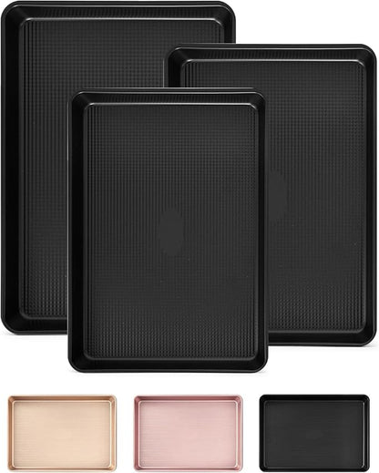 SAKER 3 Pack Nonstick Baking Sheet Set, Carbon Steel Cookie Pan with Cooling Rack, Even Heat Distribution & Warp-Resistant for Oven Baking, Roasting & Cooking (Black)