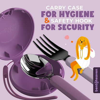 Bentoheaven Kids Travel Utensils with Case, Food-Grade Stainless Steel & BPA-Free Plastic, Travel Cutlery Set, Dishwasher Safe Fork, Spoon & Case, Reusable Flatware, Silverware for Kids (Horse)