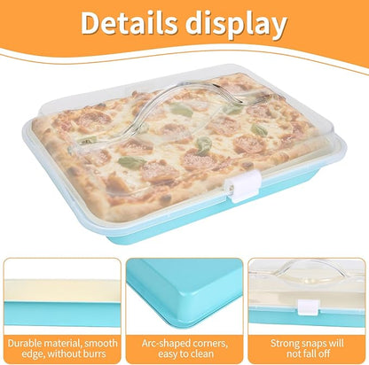 9x13 Baking Pan with Lid and Handle, Nonstick Cake Carrier with Locking Cover, Deep Oblong Bakeware for Brownies, Casseroles, and Travel, Blue and Beige