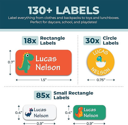 Personalized Daycare Name Labels for Kids (130 Labels) - Custom Waterproof Name Stickers for Clothing Tags, Water Bottles, Lunch Boxes and School Supplies (Dinosaurs)