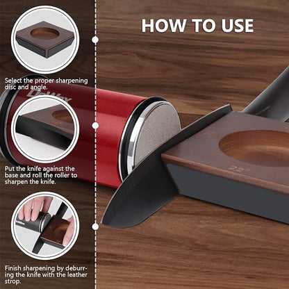 Longer Rolling Knife Sharpener with Leather Strop, Upgraded Rolling Knife Sharpening with 4 Degree Angle and 4PCS Replaceable Honing Discs, Easy to Sharpen Ktichen Knives, Red