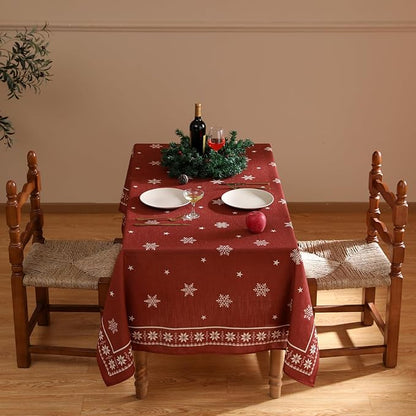 ISAENNE Designer Christmas Red Table Cloth for Rectangle Table,Linen Tablecloth with Snowflakes Pattern,Wrinkle Resistant Decor Tablecloths for Dining Kitchen Thanksgiving,55"*79"-Carol C
