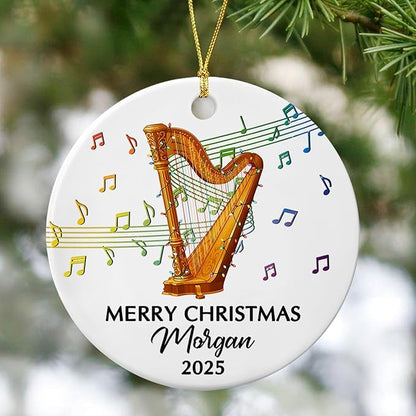 Customized Year Text Name Harp Player Christmas Ornament, Unique Harp Instrument Ornaments Gift for Women Men Harpist Appreciation Birthday, Personalized Harp Musical Ceramic Christmas Ornament 2025