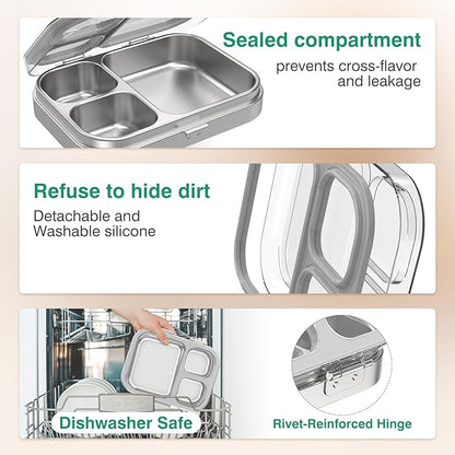 Stainless Steel Lunch Box, 3 Compartments Metal Bento Box for Kids Adults, Leak-Proof Lunch Box for School Office, Dishwasher Safe, BPA-Free, Tritan Lid, Grey