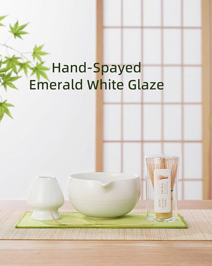 ZENS Matcha Whisk Set, 5pcs Matcha Kit Set Includes Ceramic Bowl, Bamboo Whisk and Chasen Holder, Scoop & Tea Mat，Matcha Tea ceremony Gift for Matcha Lovers, White