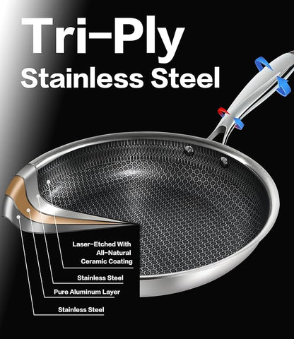 Non Stick Frying Pans with Lids, 10 Inch Fry Pan, Hybrid Large Frying Pan with Lid, Nonstick Skillet Stainless Steel, Dishwasher & Oven-Safe, Induction Compatible Cooking Pan