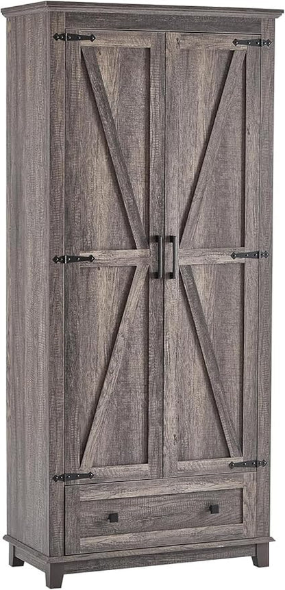 AMERLIFE 2 Pcs Farmhouse Kitchen Pantry Cabinet, 72" Tall Storage Cabinet with Adjustable Shelves & Barn Doors & Drawer, Freestanding Kitchen Cupboard for Dining Room, Living Room, Rustic Grey