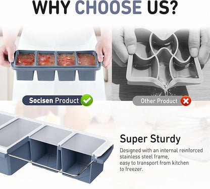 Silicone Freezer Tray with Lid Soup Freezer Container Molds with Steel Reinforced Rim Large Ice Cube Tray Makes 8 Perfect 1 Cup Portions Cubes Storage Food Meal Prep Containers Kitchen Mold