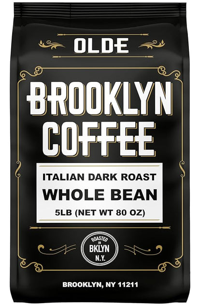 BROOKLYN COFFEE Whole Bean, Italian Dark Roast (5lb) Extra Strong, Delicious Taste, Heavenly Aroma - Fresh Bulk Coffee Beans Roasted Weekly in NYC