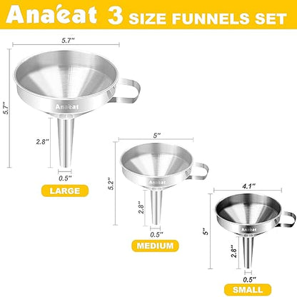 Anaeat Stainless Steel Kitchen Funnel, Multi-Use Premium Metal Food Grade Cooking Funnels with 2 Removable Strainer Filter for Transferring Liquid or Dry ingredients, Oils & 1 Pc Cleaning Brush (4.1")