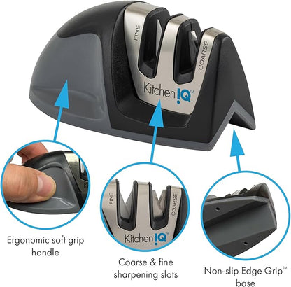 KitchenIQ 50009 Edge Grip 2-Stage Knife Sharpener, Black, Coarse & Fine Sharpeners, Compact for Easy Storage, Stable Non-Slip Base, Soft Grip Rubber Handle, Straight & Serrated Knives