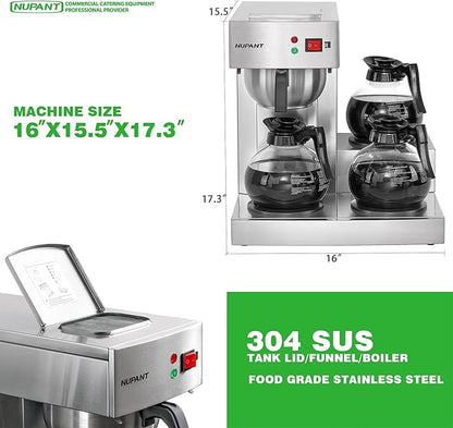 12 Cup Commercial Coffee Maker, Manual Filling Drip Coffee Maker Machine with 3 Glass Carafes 3 Warmers, Stainless Steel Pour Over Coffee Brewer with Hot Water Supply for Restaurant Office Cafe